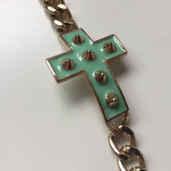 Gold  Chain Bracelet w/ Mint Studded Cross - Picture 1 of 4